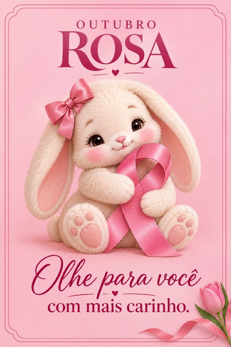 Cartão Outubro Rosa com coelhinha branca segurando laço rosa e mensagem Olhe para você com mais carinho